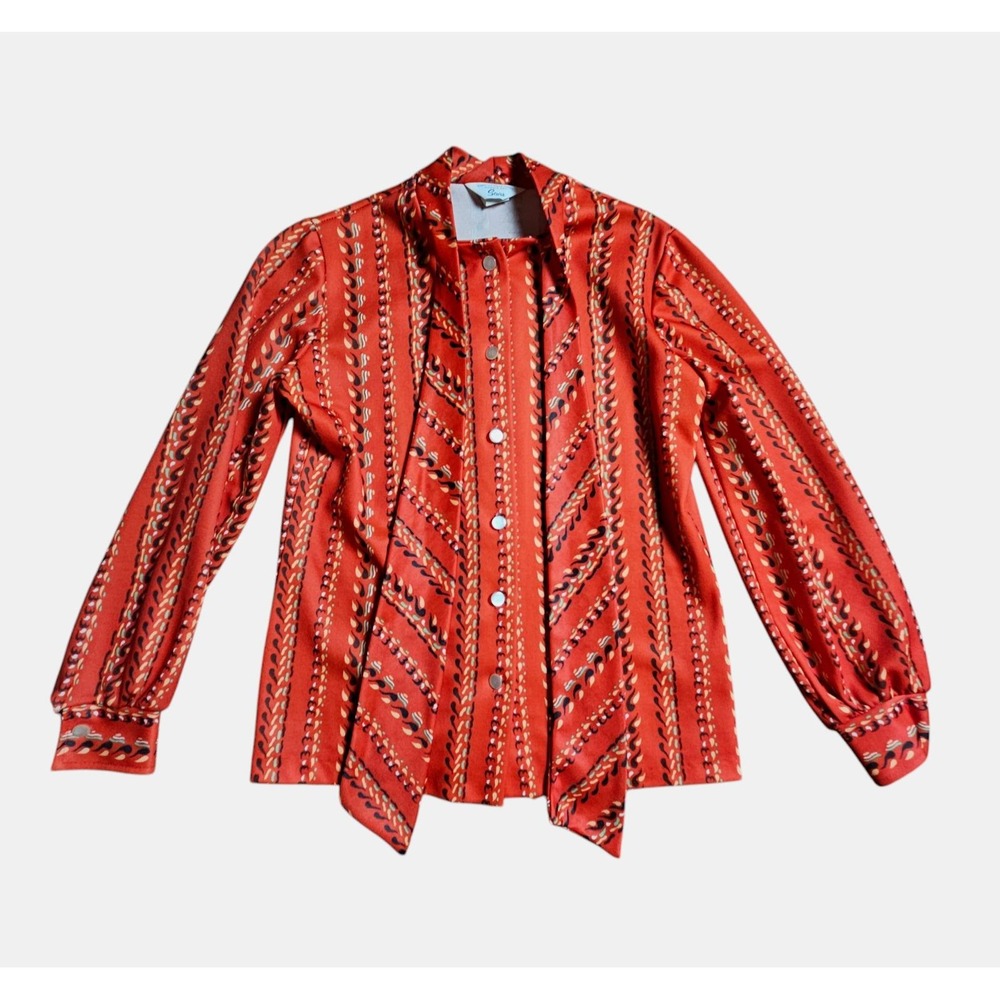 Vintage Sears‎ 60s Bow Neck Button Up Boho Blouse Top Womens 36 US6 Orange Red